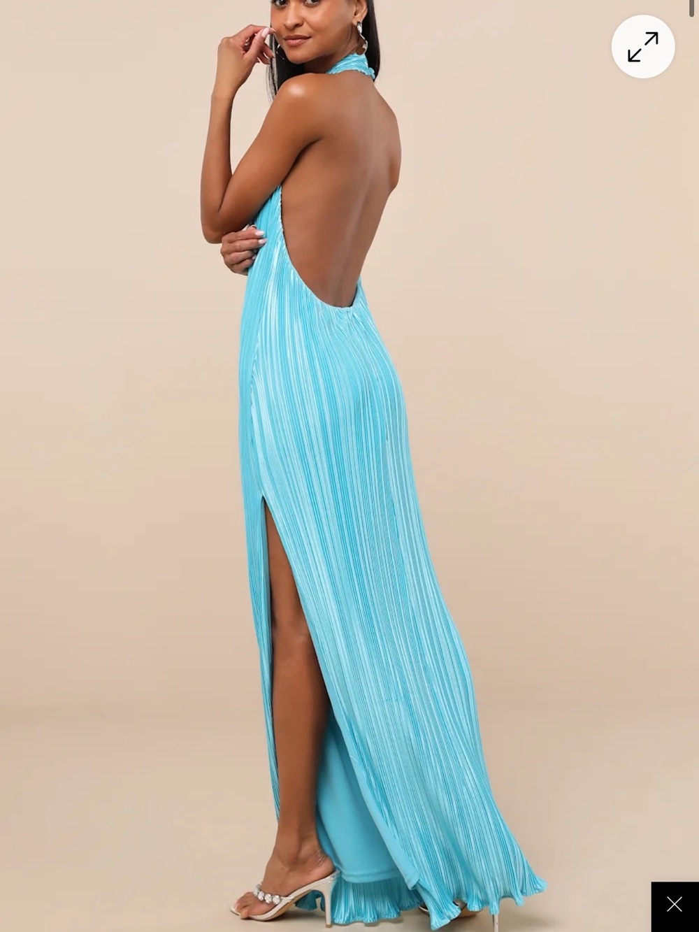 Lulus Gwenny Aqua Blue Satin Plisse Maxi Dress - Picture 2 of 7